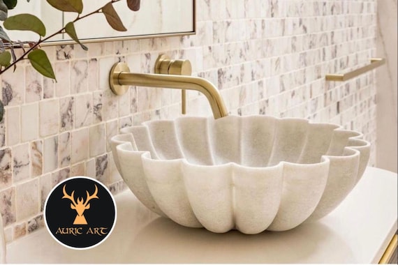 Handcrafted Marble Sink Basin – Luxury Bathroom Vanity Wash Basin – Natural Stone Sink – FREE 5”Inch  Scalloped Marble Urli Bowl