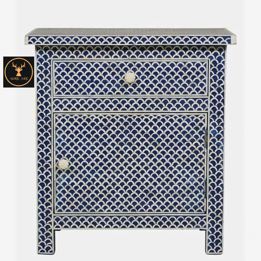 Bone Inlay Navy Blue Fish Eye Pattern Bedside and Nightstand - Etsy