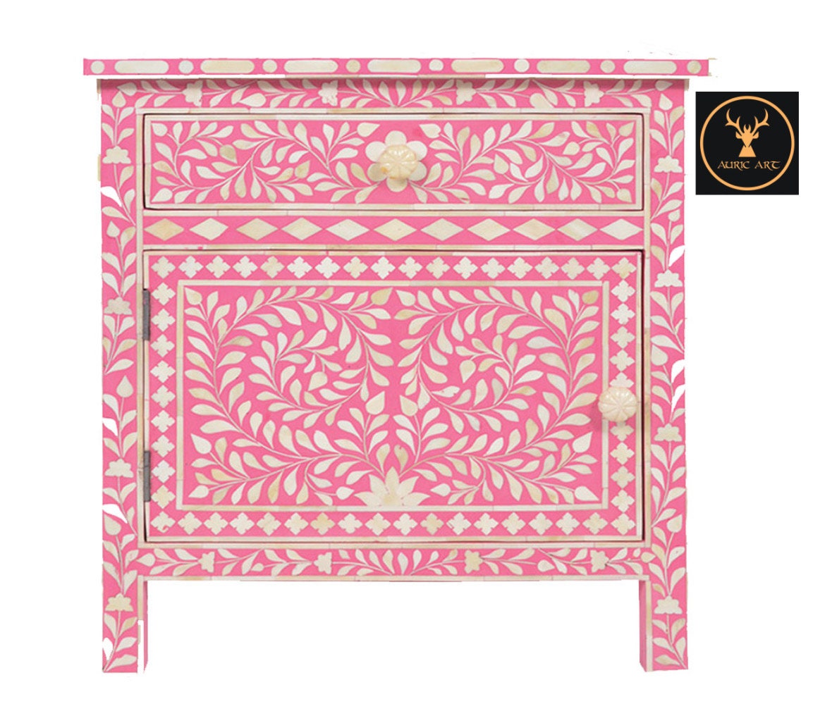Bone Inlay Pink Color Floral Pattern Bedside and Nightstand With Two ...