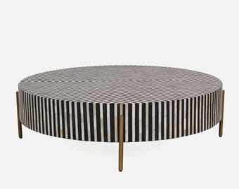 Mesa de centro redonda de madera con incrustaciones de hueso, mesa de centro moderna hecha a mano, muebles para sala de estar.