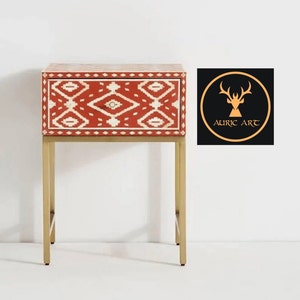 Bone Inlay Orange Geometric Pattern Bedside And Side Table With One Drawer