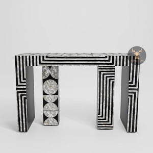 Consoletafel Monarch Maze parelmoer inlegwerk zwart-wit | Handgemaakte hal haltafel | Artistiek modern inlegwerk | Luxe