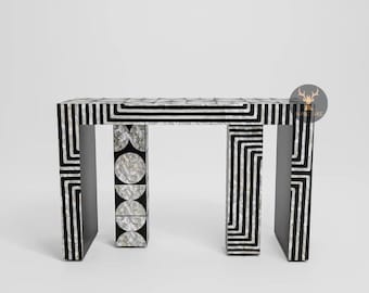 Mesa consola Monarch Maze con incrustaciones de nácar en blanco y negro / Mesa de recibidor hecha a mano / Muebles modernos con incrustaciones artísticas / Lujo