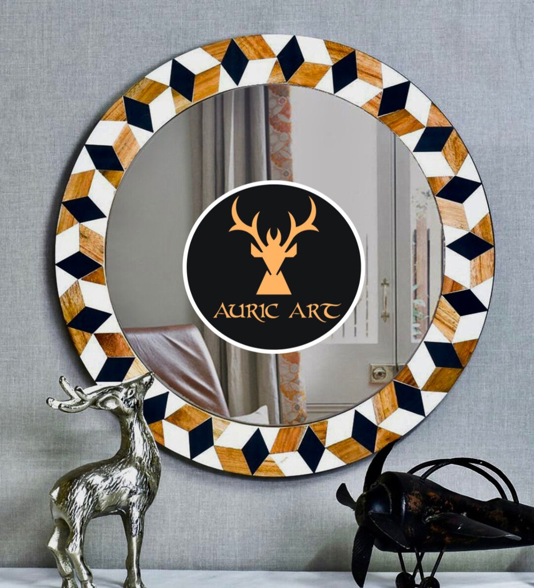 Pattern Mirror Frame Background Luxury Bone Inlay Round Diamond Pattern Mirror Frame - Etsy