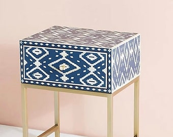 Bone Inlay Blue Bedside Table Ikat Pattern with Single Drawer