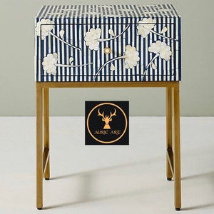 Bone Inlay Wooden Blue Floral Pattern Bedside And Side Table With One Drawer