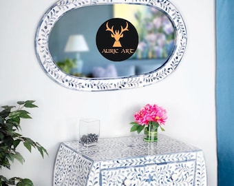 Blue Bone Inlay Oval Shape Floral Pattern Mirror Frame