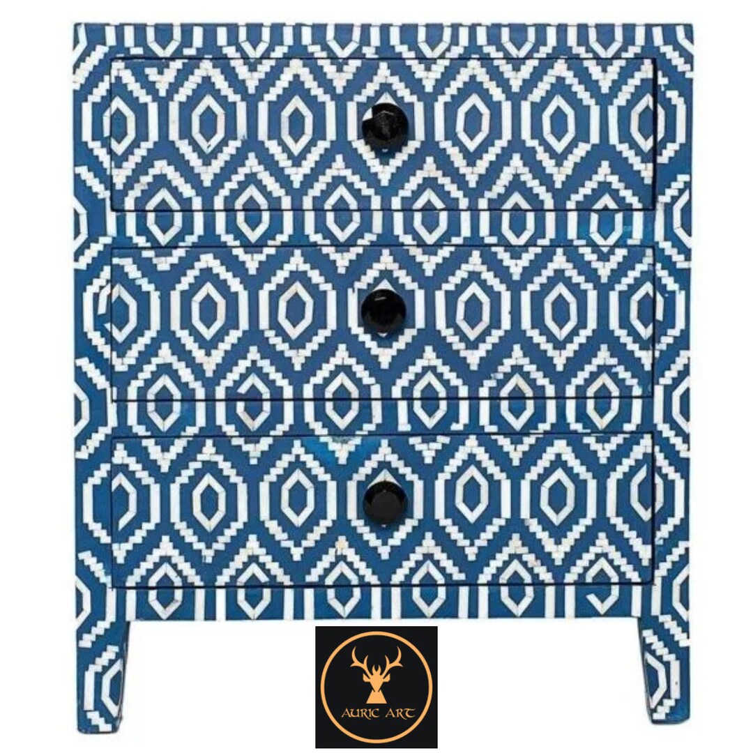 Blue Bone Inlay Small Ikat Pattern Bedside and Nightstand With Three ...