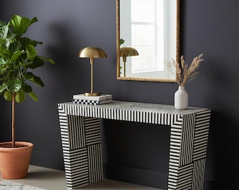 Consola/Mesa consola/Escritorio/Mesa de estudio/Consola de entrada/Consola con incrustaciones de hueso y diseño de cascada, hecha a mano en madera a rayas.