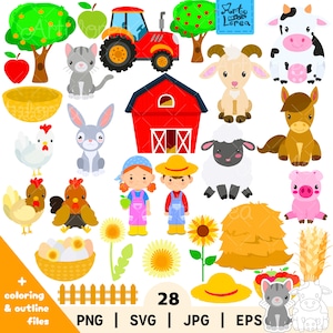 Farm Clipart Vector Bundle, 28 Elements Kids Farm Animals PNG SVG EPS, Cute Barnyard, Tractor Farm Designs, Kids Educational Download