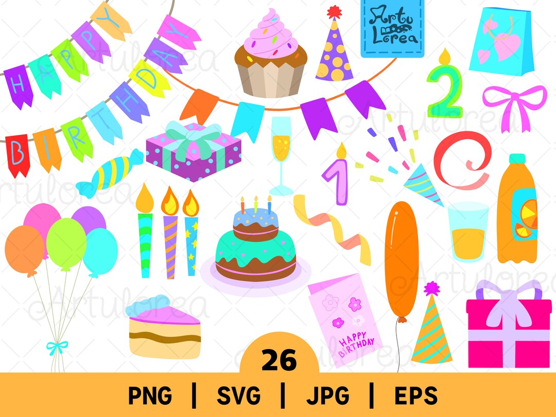 Birthday Clipart Bundle, Vector, Cake Balloons Gifts SVG JPG EPS, Party ...