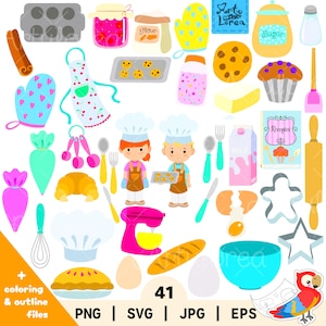Baking Clipart Bundle, 41 Cooking Tools & Food Elements, Vector, Kids Kitchen SVG PNG EPS, Cake Cookie Bread Dessert Clipart, Chef Designs