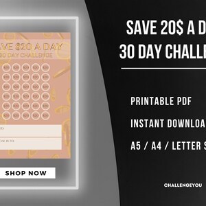 Könnte beinhalten: Ein digitaler Spar-Challenge mit dem Text "SPARE 20 $ PRO TAG 30-TAGE-HERAUSFORDERUNG". Das Design zeigt ein Raster mit Kreisen mit der Aufschrift "20 $" und Platz für persönliche Sparziele. Erhältlich in A5, A4 und Letter-Größe.