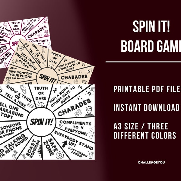 Spin The Bottle Game, Party Game Printable, Birthday Game, Board Game Printable, Fun And Challenging Activity For All Ages, A3 Size PDF