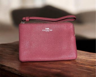 Coach Pink Corner Zip Wristlet Wallet Crossgrain Leather Card Slot Purse