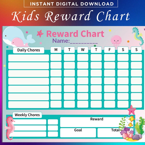 Printable Sea Reward Chart for kids, Daily Chore Chart, Kids Routine Chart, Toddler Reward Chart, Kids Printable Reward Chart