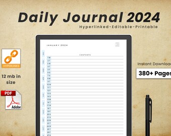 Kindle Scribe Tägliche Journal Vorlage, Kindle Scribe Vorlagen, PDF mit Hyperlink, Tägliche Journal Vorlage, 2024 Tägliches Journal