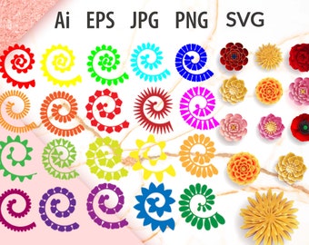 Fiore di carta SVG, modello di fiore arrotolato svg, pacchetto di fiori e foglie di carta SVG, fiore 3d svg, modello di fiore di carta, file digitali