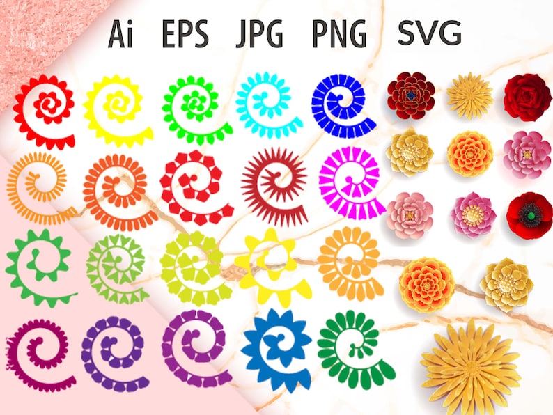 Paper Flower SVG, Rolled Flower Svg Template, Paper Flower & Leaf SVG Bundle, 3d Flower Svg