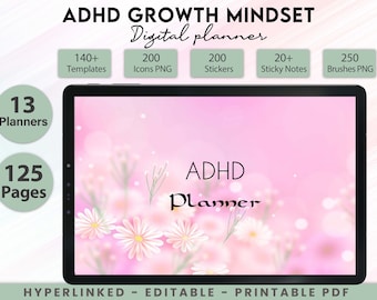 May include: A digital planner for people with ADHD, featuring a pink and white floral background with the text "ADHD Planner". The planner includes 13 planners, 125 pages, 140+ templates, 200 icons, 200 stickers, 20+ sticky notes, and 250 brushes.