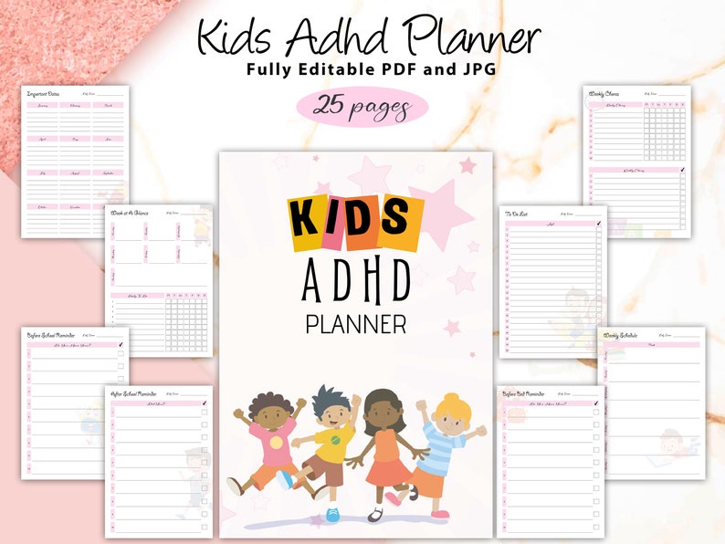K&ouml;nnte beinhalten: Ein druckbarer Planer f&uuml;r Kinder mit ADHS. Das Cover zeigt eine bunte Illustration von vier Kindern, die mit Sternen im Hintergrund springen. Der Text "KIDS ADHD PLANNER" ist in fetten, schwarzen Buchstaben.