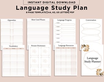 Utskrivbar språkstudieplanerare, språkstudiejournal, utskrivbar språkinlärning, språkinlärningsplanerare anteckningsbok, studiejournal