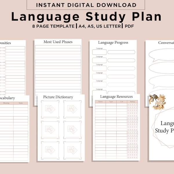Afdrukbare taalstudieplanner, taalstudiedagboek, taalleerder afdrukbaar, taalleerplanner notebook studiedagboek