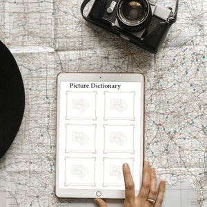 May include: A white tablet with a digital picture dictionary on the screen. The tablet is on a map with a black hat and a vintage camera.