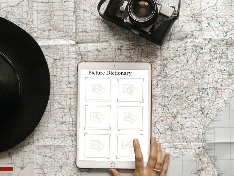 May include: A white tablet with a digital picture dictionary on the screen. The tablet is on a map with a black hat and a vintage camera.