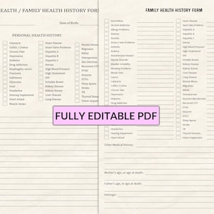 Formulario de Historial Médico EDITABLE, Formulario de Historial Médico Familiar, Historial Médico, Historial de Salud Personal, Salud Médica, Historial de Salud Familiar