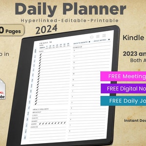 May include: A digital daily planner for 2024, shown on a Kindle Scribe tablet. The planner has 2,380 pages and is 7.21 MB in size. It is available as a PDF download. The image also shows a free meeting book, digital notebook, and daily journal.