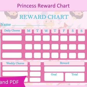 Printable Princess Reward Chart for kids, Daily Chore Chart, Kids Routine Chart, Toddler Reward Chart, Kids Printable Reward Chart