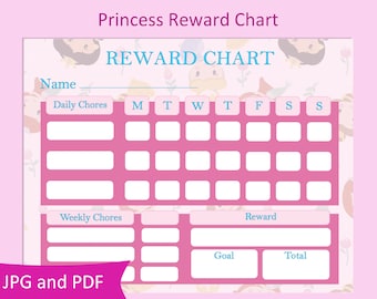May include: A pink printable reward chart with a princess theme. The chart has spaces for daily and weekly chores, a reward section, and a goal and total section. The chart has a pink background with a floral pattern and images of princesses.
