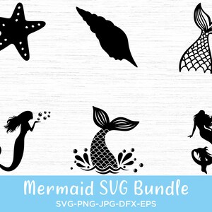 May include: A set of black and white mermaid SVG files. The set includes a mermaid with bubbles, a mermaid tail, a seashell, a starfish, and a mermaid tail with scales.