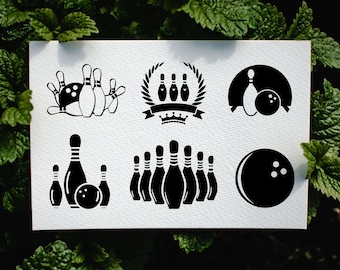 May include: Black and white bowling pin and ball icons. The icons are arranged in a grid pattern on a white background. The icons include a bowling pin and ball, a bowling pin with a crown, a bowling pin and ball in a circle, and a bowling pin and ball with a wreath.