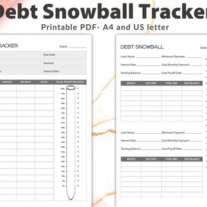 May include: Printable debt tracker and debt snowball templates. The templates include sections for tracking debt details, due dates, and progress. The design includes a visual payoff progress indicator. The text "Debt Snowball Tracker" is at the top.