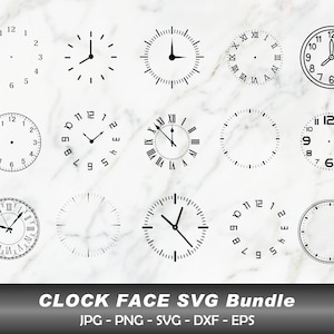 May include: A set of ten black and white clock face SVG designs. The clock faces feature different styles, including Roman numerals, Arabic numerals, and simple hands.