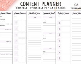 May include: A black and white printable content planner with six pages. The planner includes sections for content planning, content overview, schedule of ideas, expand the detail, weekly content, and content idea.