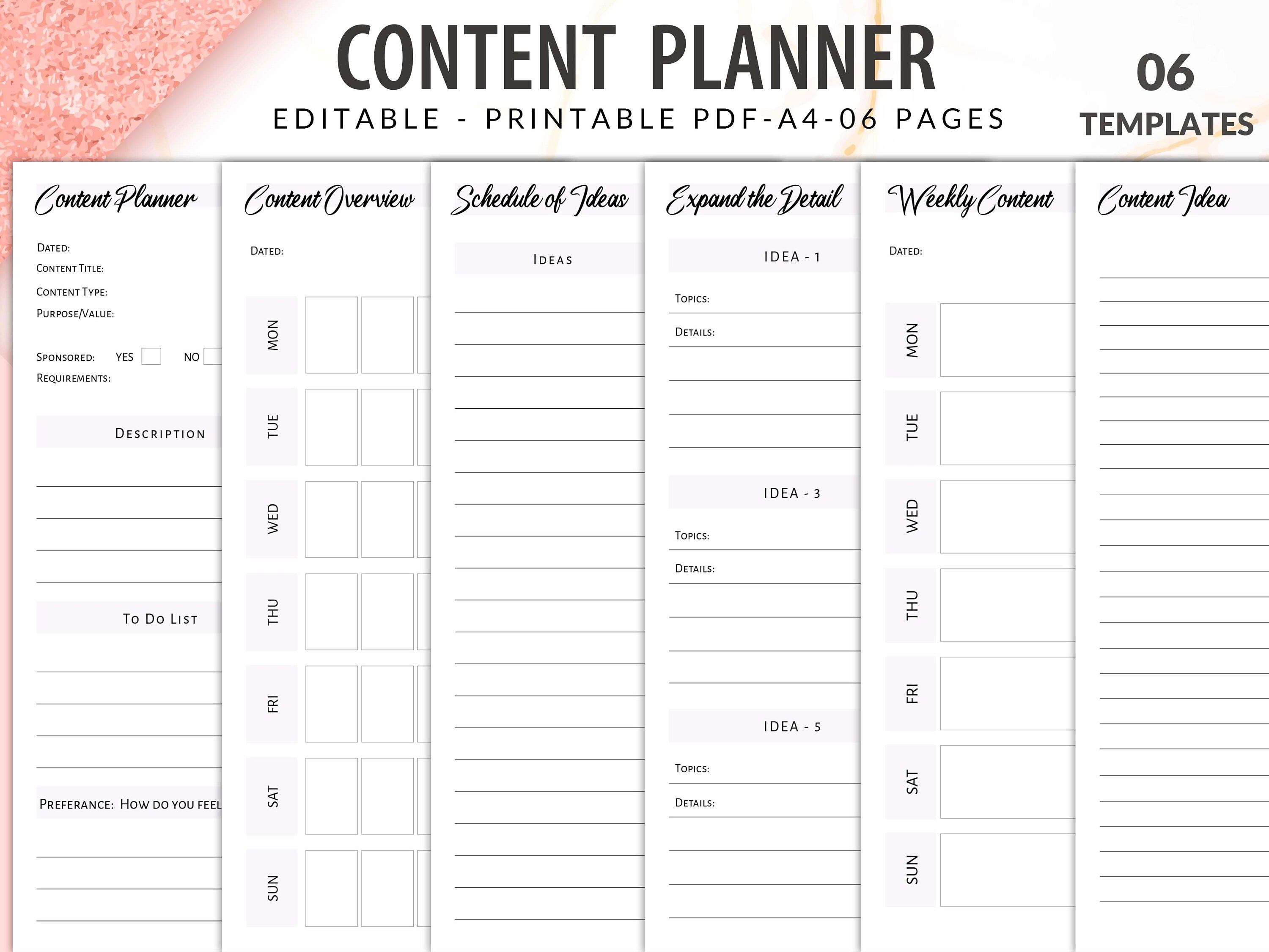 Editable Content Planner Printable Content Schedule Printable Content