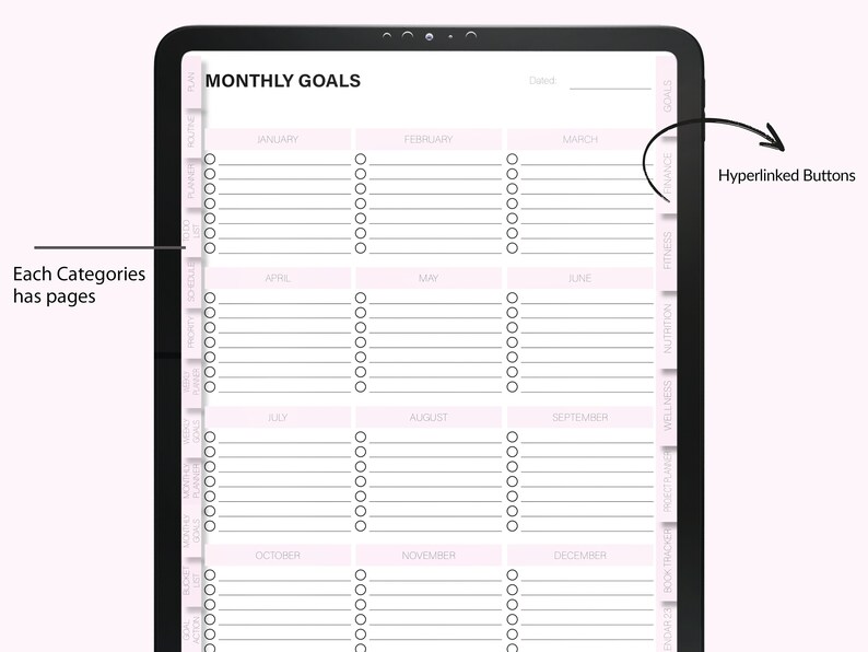 May include: A digital planner with a monthly goal tracker. The planner has tabs for different categories, such as fitness, nutrition, and wellness. Each tab has a list of goals for each month of the year. The planner is designed to help users stay organized and on track with their goals.