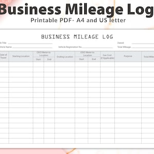 Printable Mileage Log, Mileage Tracker Log, Business Mileage