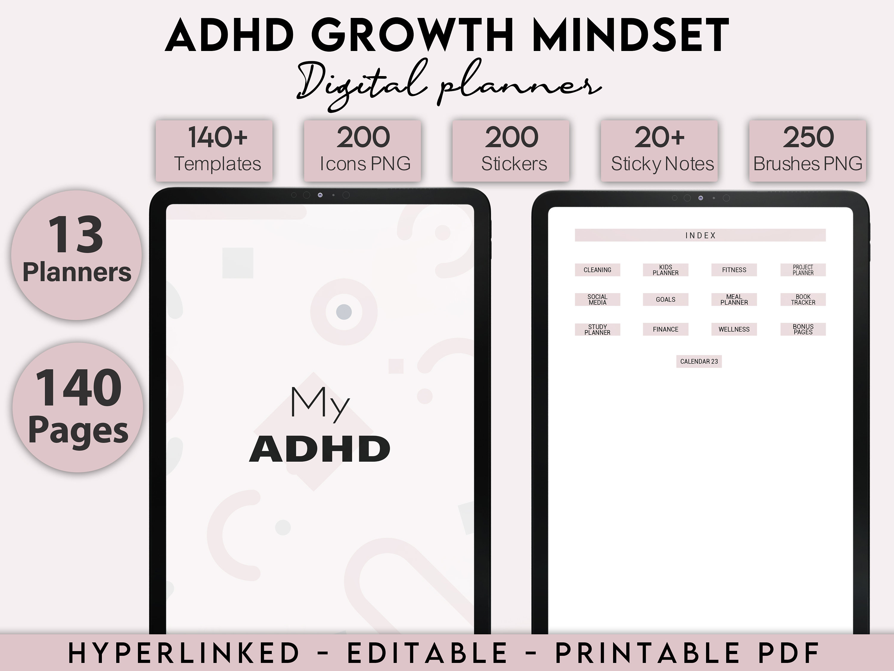 ADHD Planner Adult, ADHD Planner Digital, ADHD Journal, 100 Editable