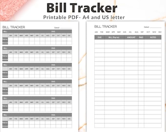 May include: A printable bill tracker with a monthly calendar and a separate section for tracking bills, due dates, amounts, payments, and notes. The document is designed for use with A4 or US letter size paper.