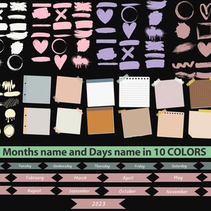 May include: A digital planner with a black background and colorful elements. The planner includes a calendar with months and days of the week, as well as various shapes, lines, and sticky notes in different colors.