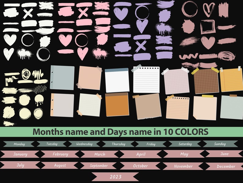 May include: A digital planner with a black background and colorful elements. The planner includes a calendar with months and days of the week, as well as various shapes, lines, and sticky notes in different colors.