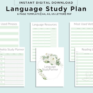 Puede incluir: Un planificador de estudio de idiomas imprimible de seis páginas. Las páginas incluyen secciones para las frases más usadas, recursos lingüísticos, verbos más usados, un planificador de estudio semanal y un registro de lectura. Las páginas están decoradas con un diseño floral.