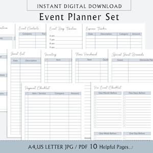 Könnte beinhalten: Ein druckbares Event-Planer-Set mit 10 Seiten im Format A4 oder US Letter. Die Seiten beinhalten Abschnitte für Brainstorming, Kontakte, Zeitpläne, Ausgaben, Gästeliste, Inventar, gekaufte Artikel, besondere Gästewünsche, Zahlungs-Checklisten und Vor-Event-Checklisten.
