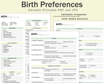 May include: A printable birth preferences checklist with radio buttons. The checklist includes sections for atmosphere, pain management, pain medication, delivery, after delivery, and immediately after birth. The checklist is designed to help expectant parents communicate their preferences to their healthcare providers.