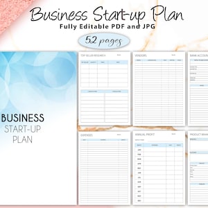 May include: A business start-up plan template with 52 pages. The template includes sections for top seller research, vendors, bank account, expenses, annual profit, and product brainstorming. The template is fully editable in PDF and JPG formats.