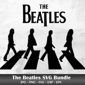 May include: Black and white silhouette of the Beatles walking across a crosswalk, with the band's name "THE BEATLES" in large letters above them. The image is a vector graphic and is part of a digital download bundle.
